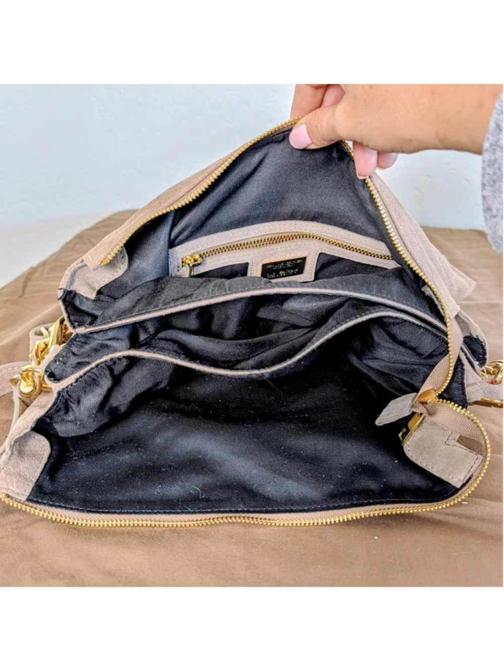 Viola Castellani Italian Suede Leather Chain Bag Taupe Slouchy Crossbody Purse